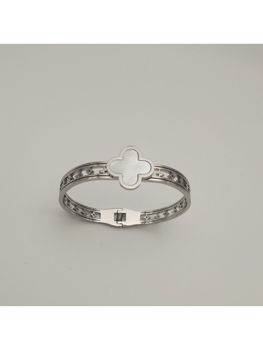 Silver Tone Clover Bracelet | Pearl White Inlay | Minimalist Statement Jewelry